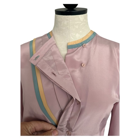 Vintage Karoline 1970's Blouse Mauve Asymetrical Pleats Green Gold Trim Fits M - Picture 6 of 11